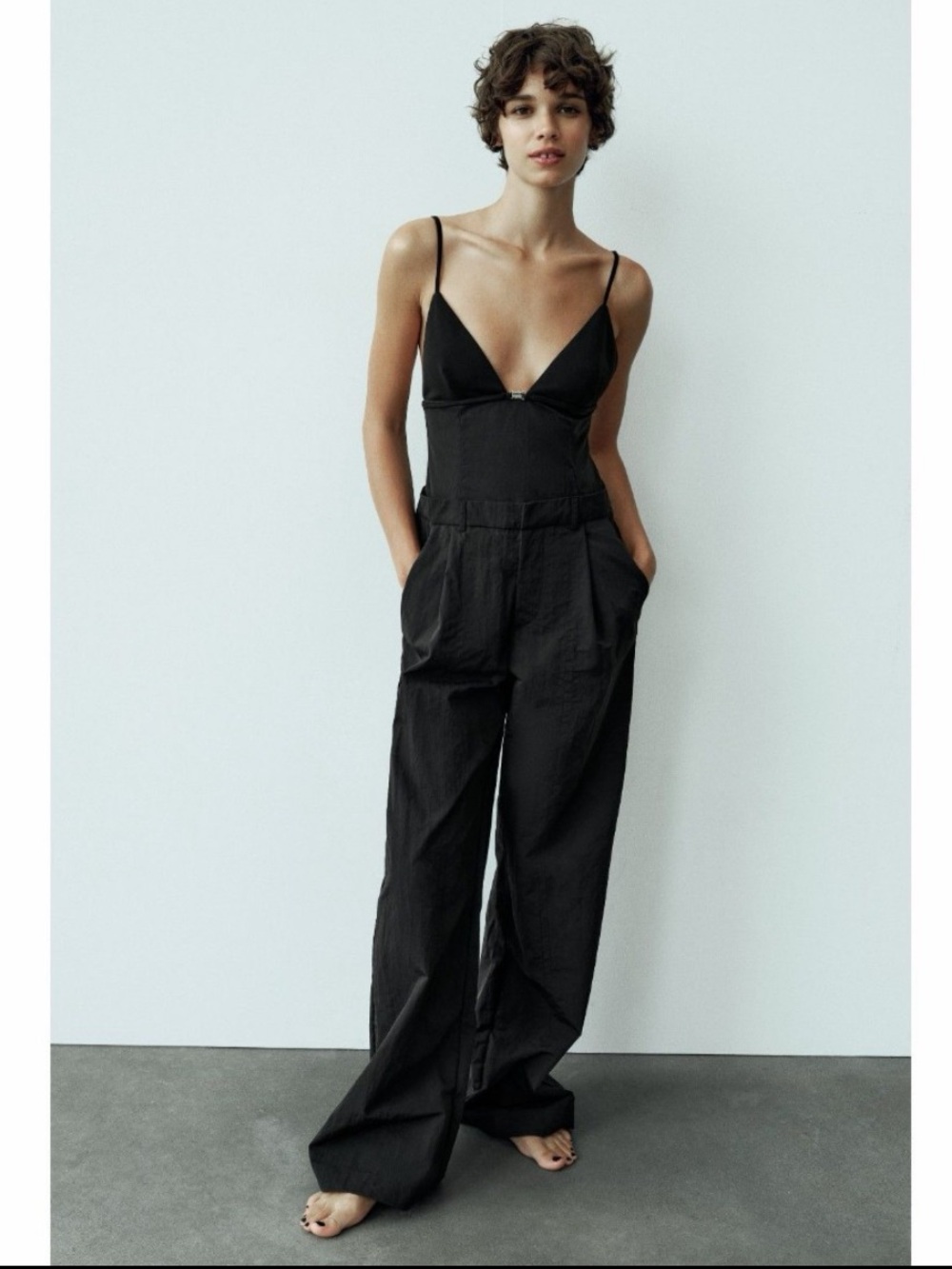 Zara Black Wide-Leg Nylon Jumpsuit with Spaghetti Straps NWT